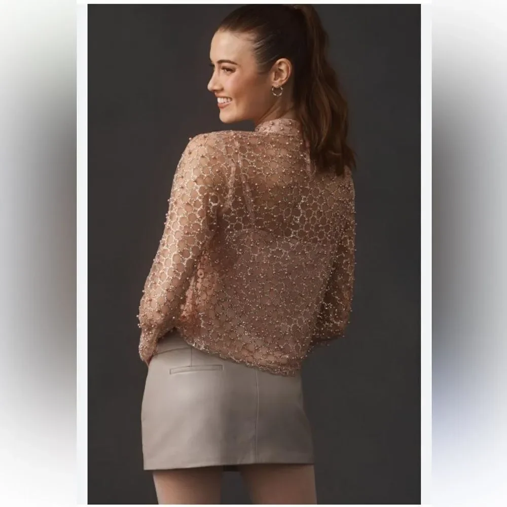 By Anthropologie Blue Tassel Pearl-Embellished Long-Sleeve Top Medium